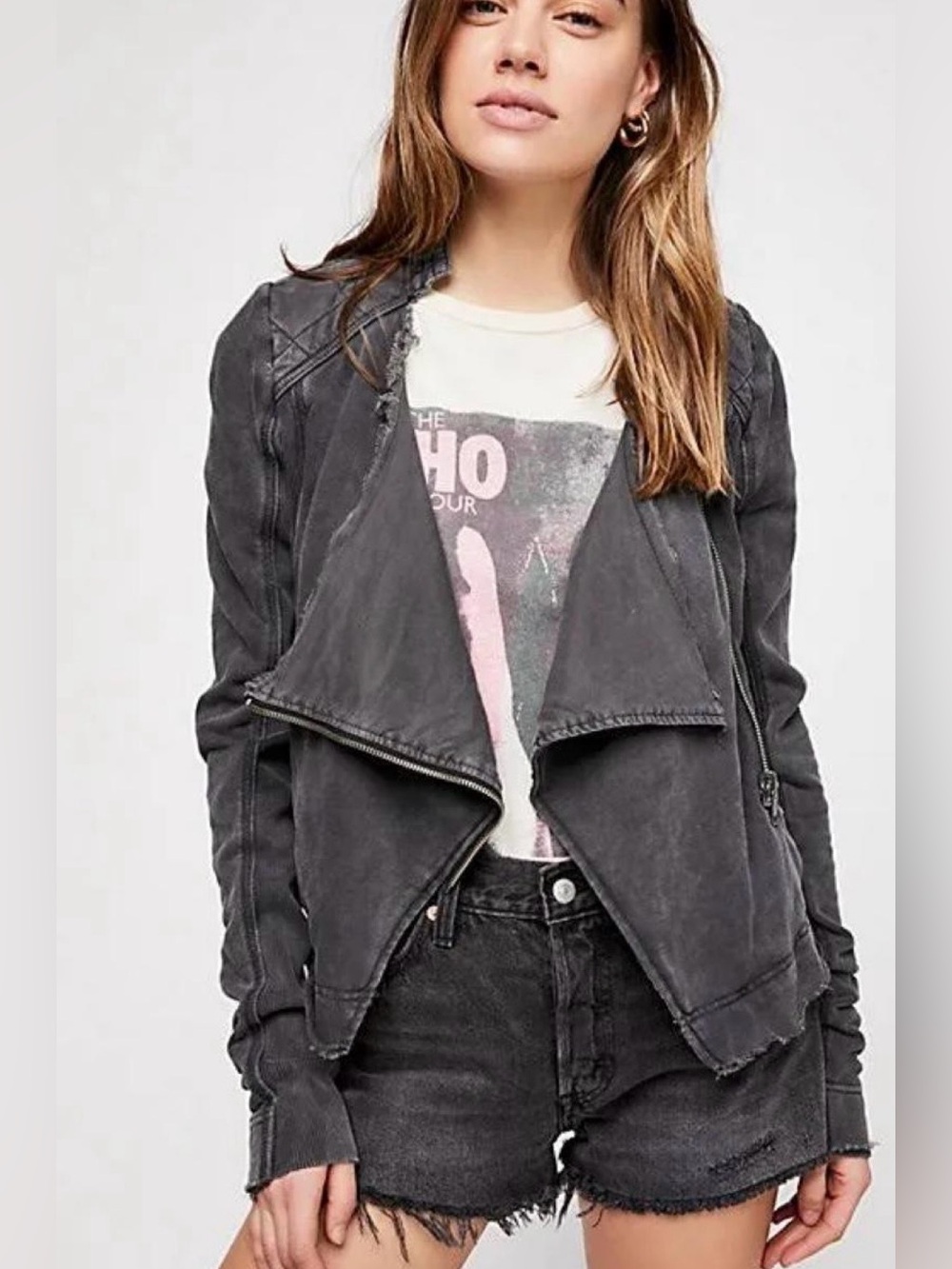 Free People We The Free Washed Black Draped Moto Jacket Small Distressed